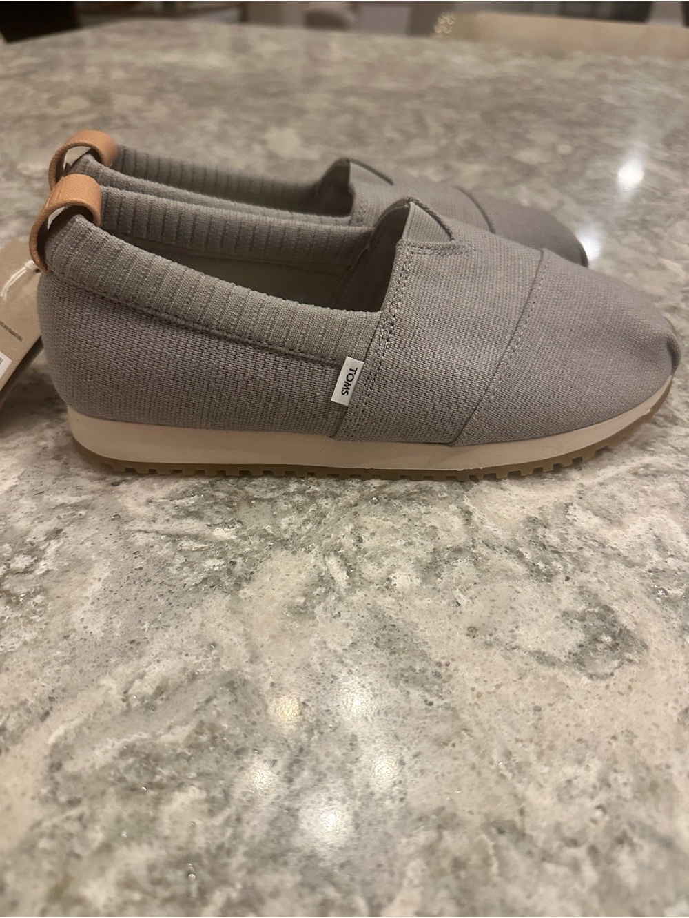 TOMS Kids Grey Canvas Slip-On Sneakers with Tan Pull Tab